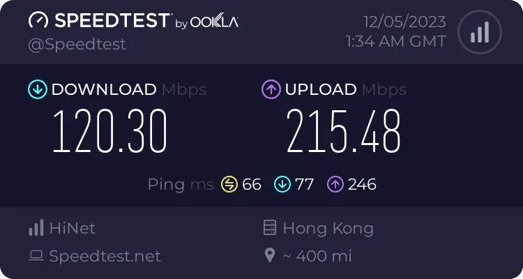 中華電信連線到香港伺服器進行上傳下載速度測試