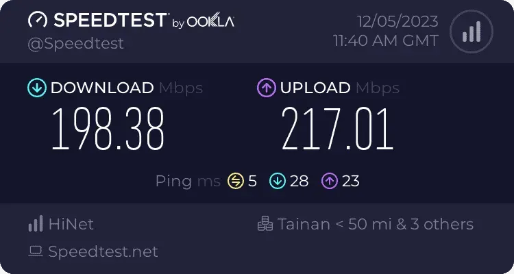中華電信連線到台灣伺服器進行上傳下載速度測試