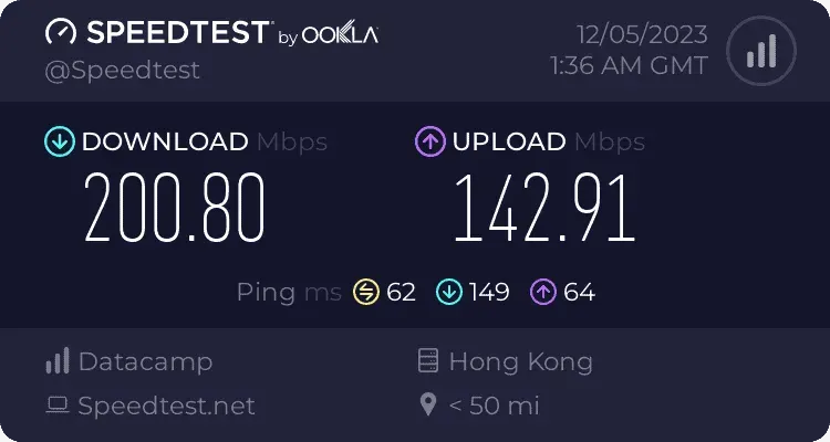 Surfshark連線到香港伺服器進行上傳下載速度測試