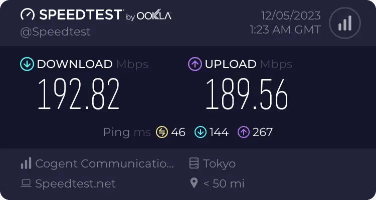 Surfshark連線到日本Tokyo伺服器進行上傳下載速度測試