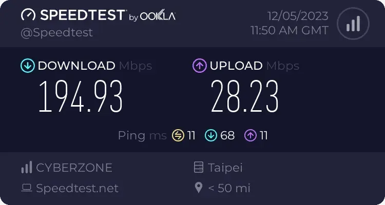 Surfshark VPN 連線到台灣伺服器進行上傳下載速度測試