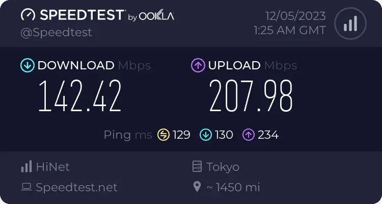 中華電信連線到日本Tokyo伺服器進行上傳下載速度測試